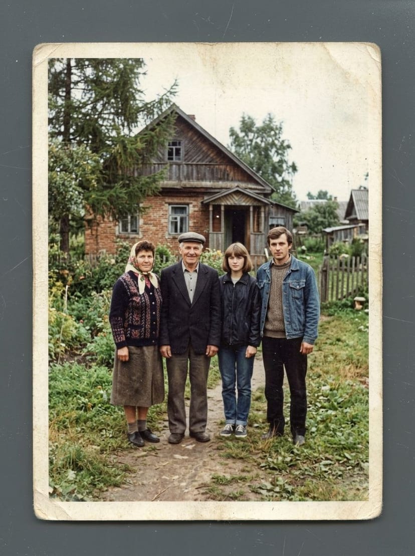 Старая групповая фотография семьи у дома — до реставрации