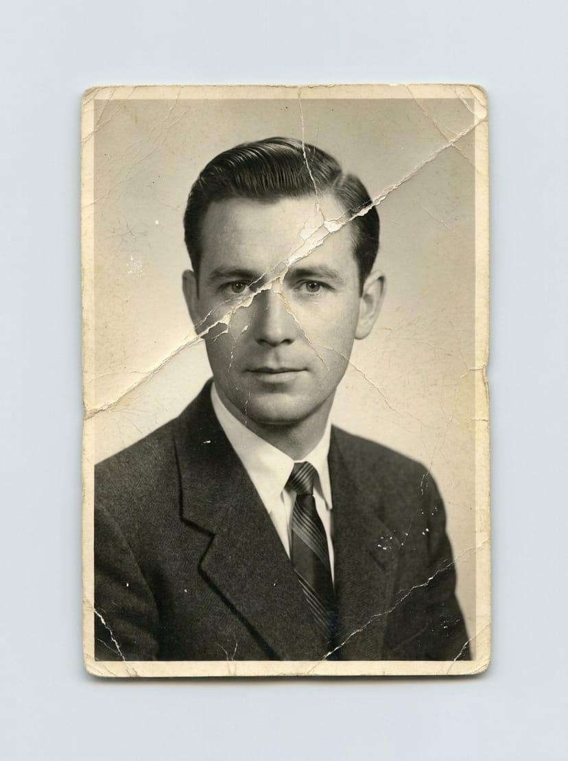 Портрет мужчины в пиджаке, 1950-е: залом через лицо и мелкие трещины